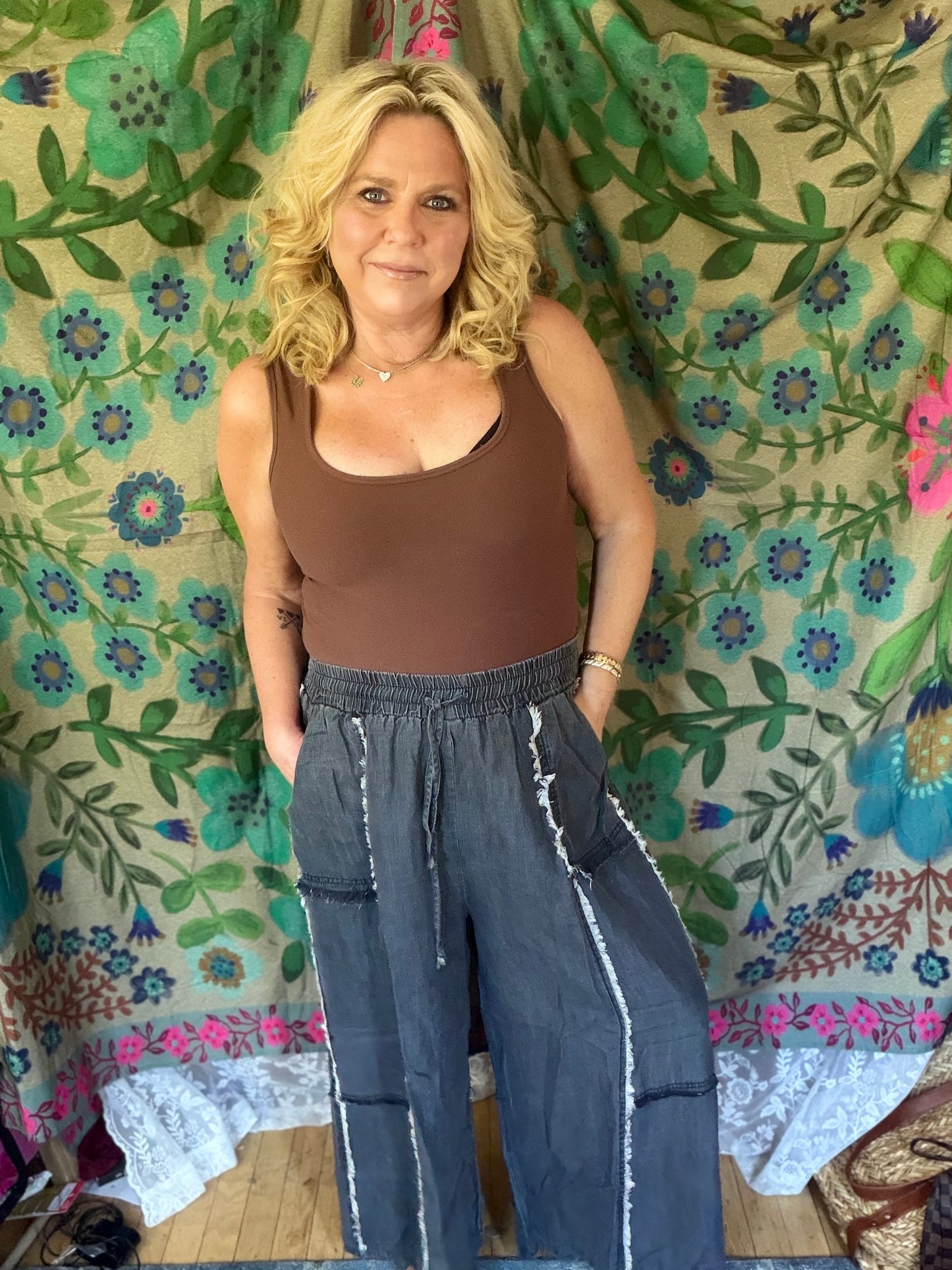 EASEL Washed Chambray Palazzo Pants Full Size Run