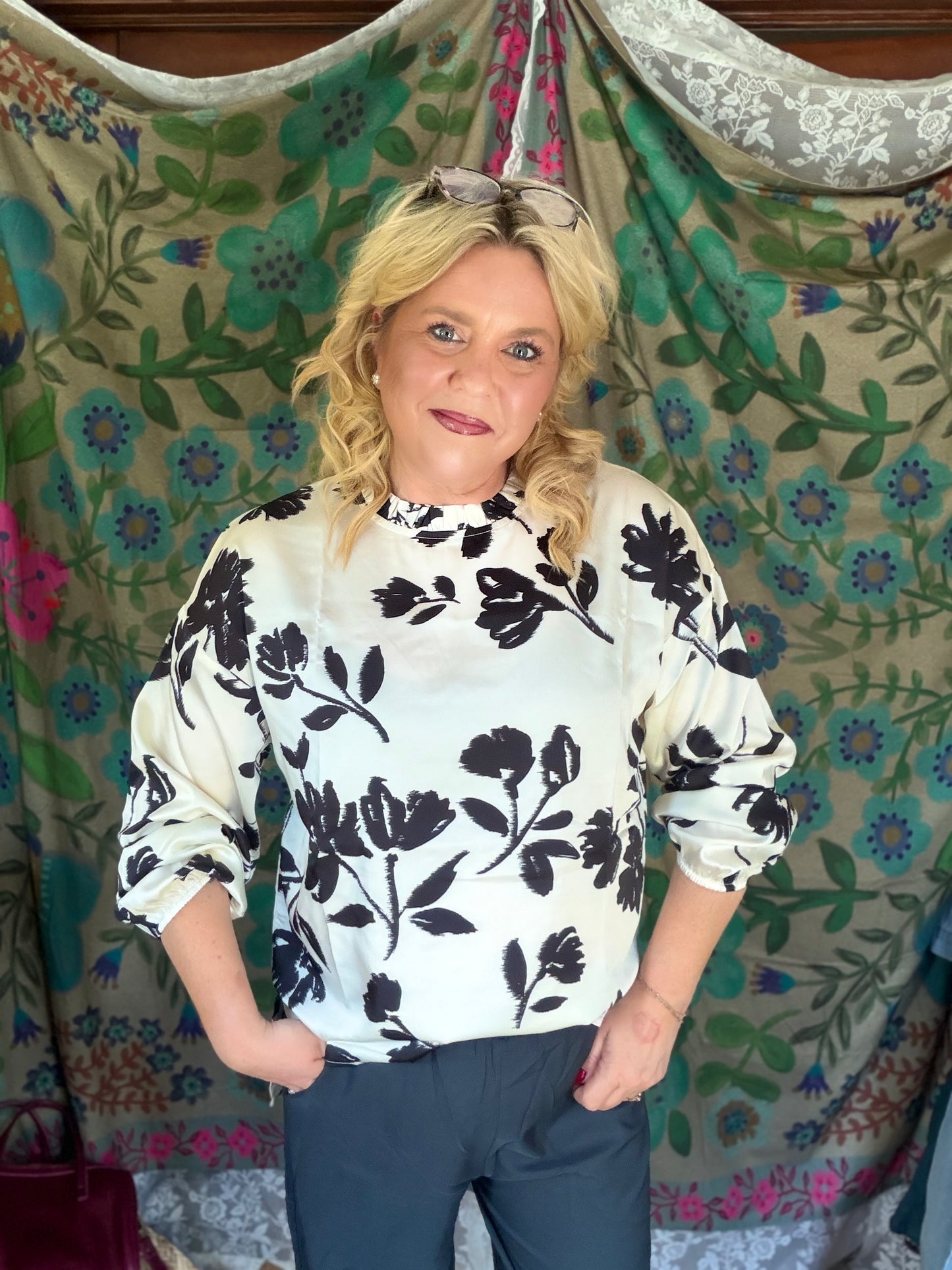 ANNIEWEAR Floral Printed Half High Neck Top