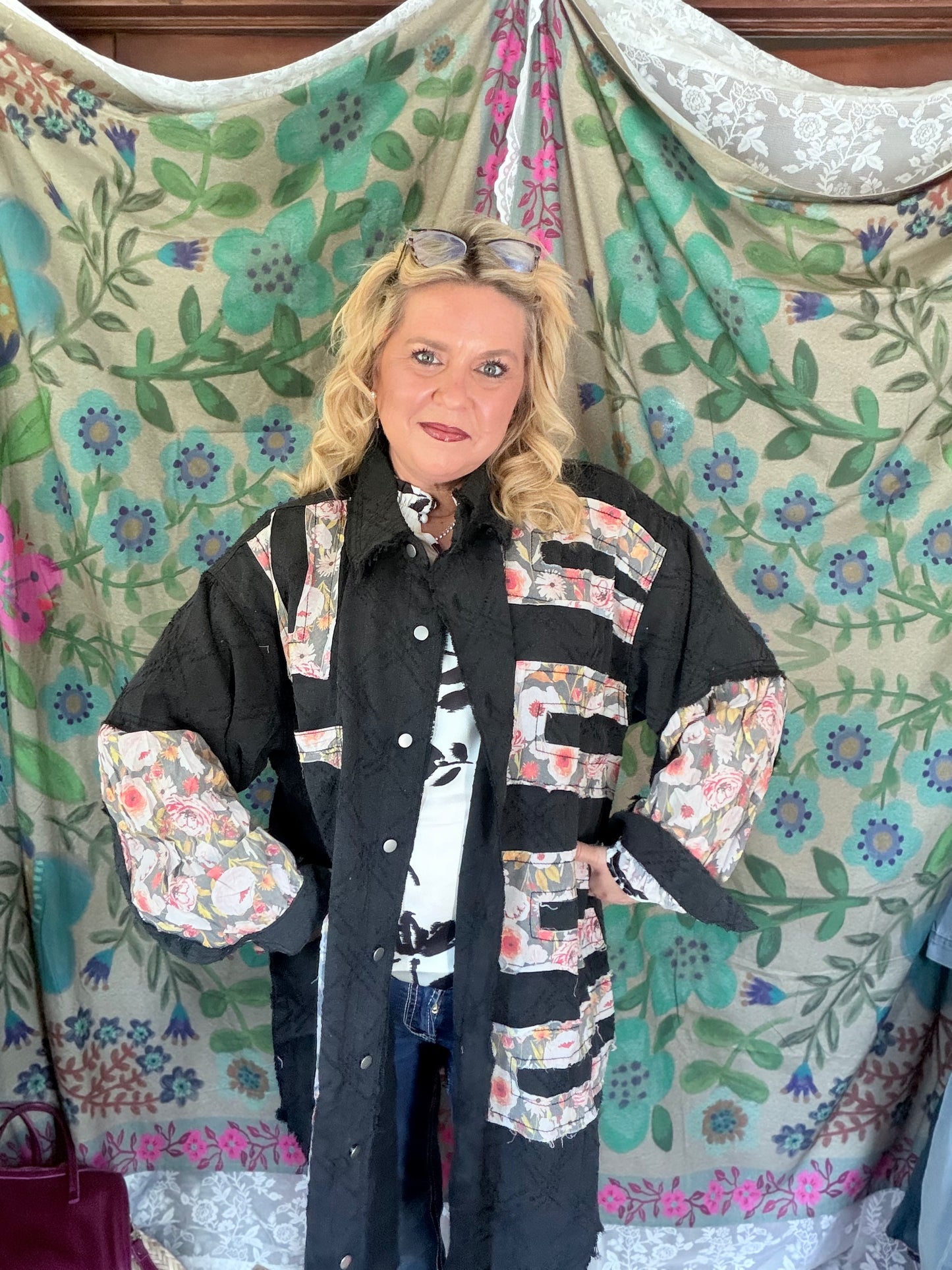 POL Floral and Black Long Shacket