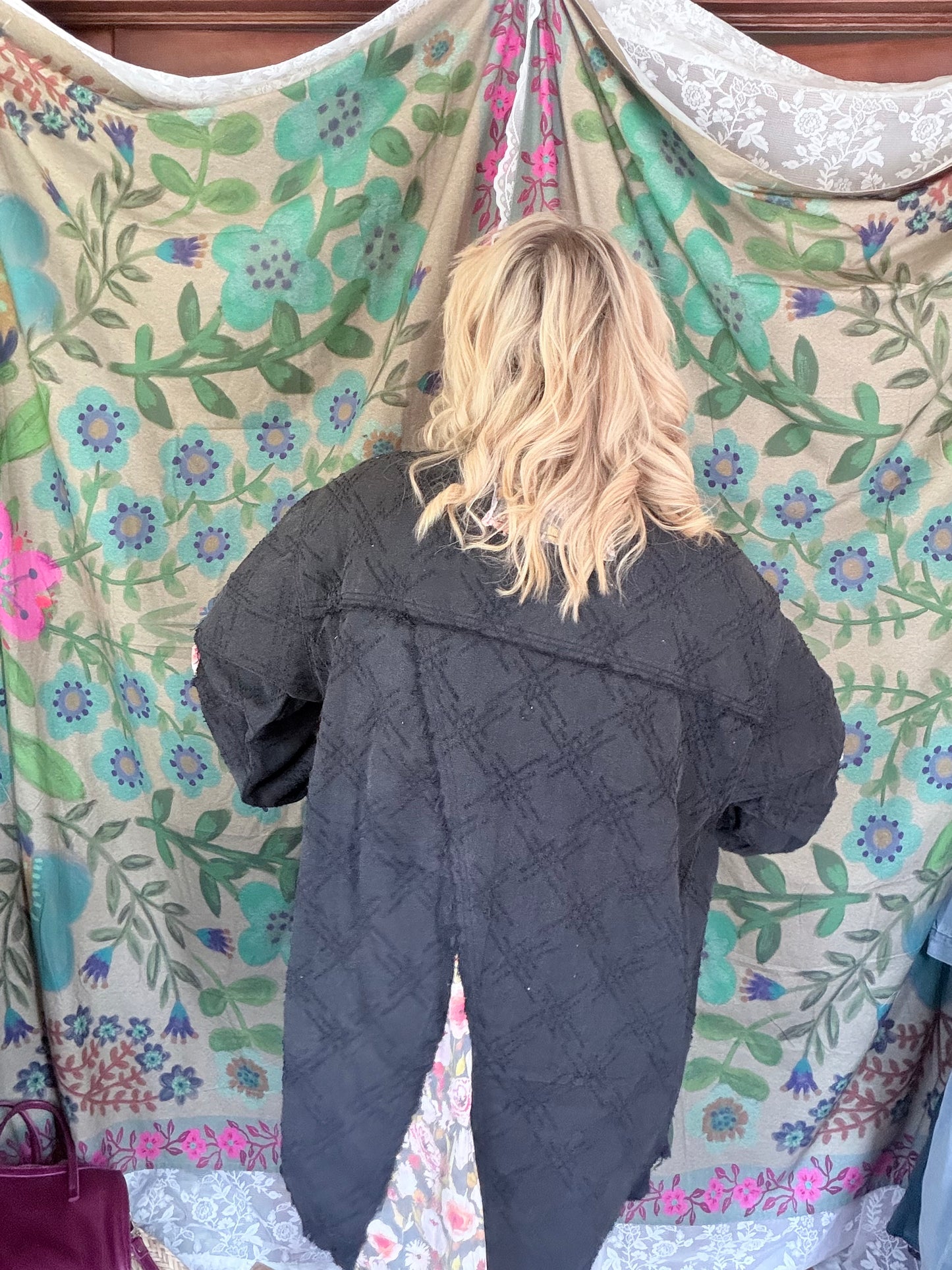POL Floral and Black Long Shacket