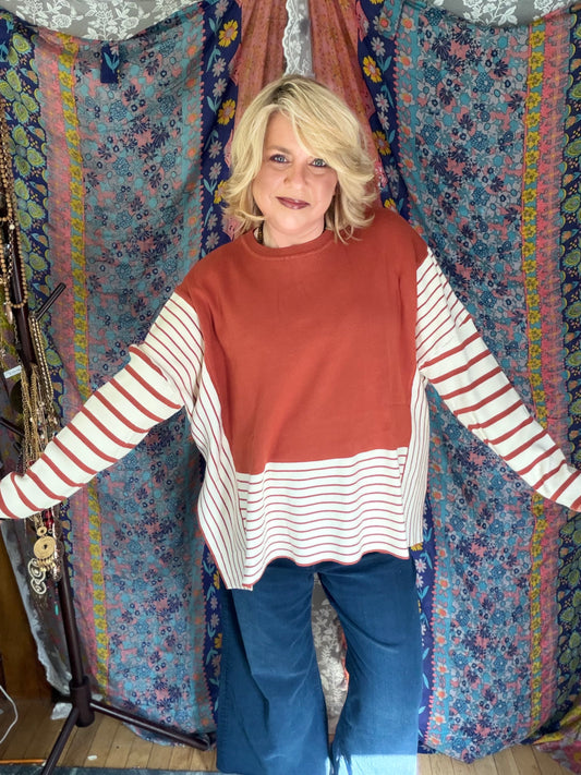 BIBI Rust Mix Stripe Side Slit Sweater