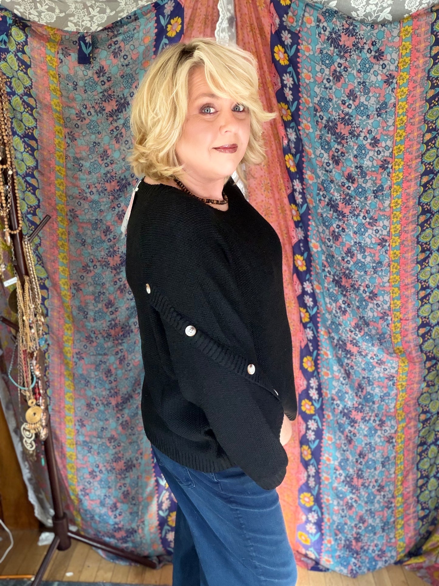 LOVLOV Black Button Sweater