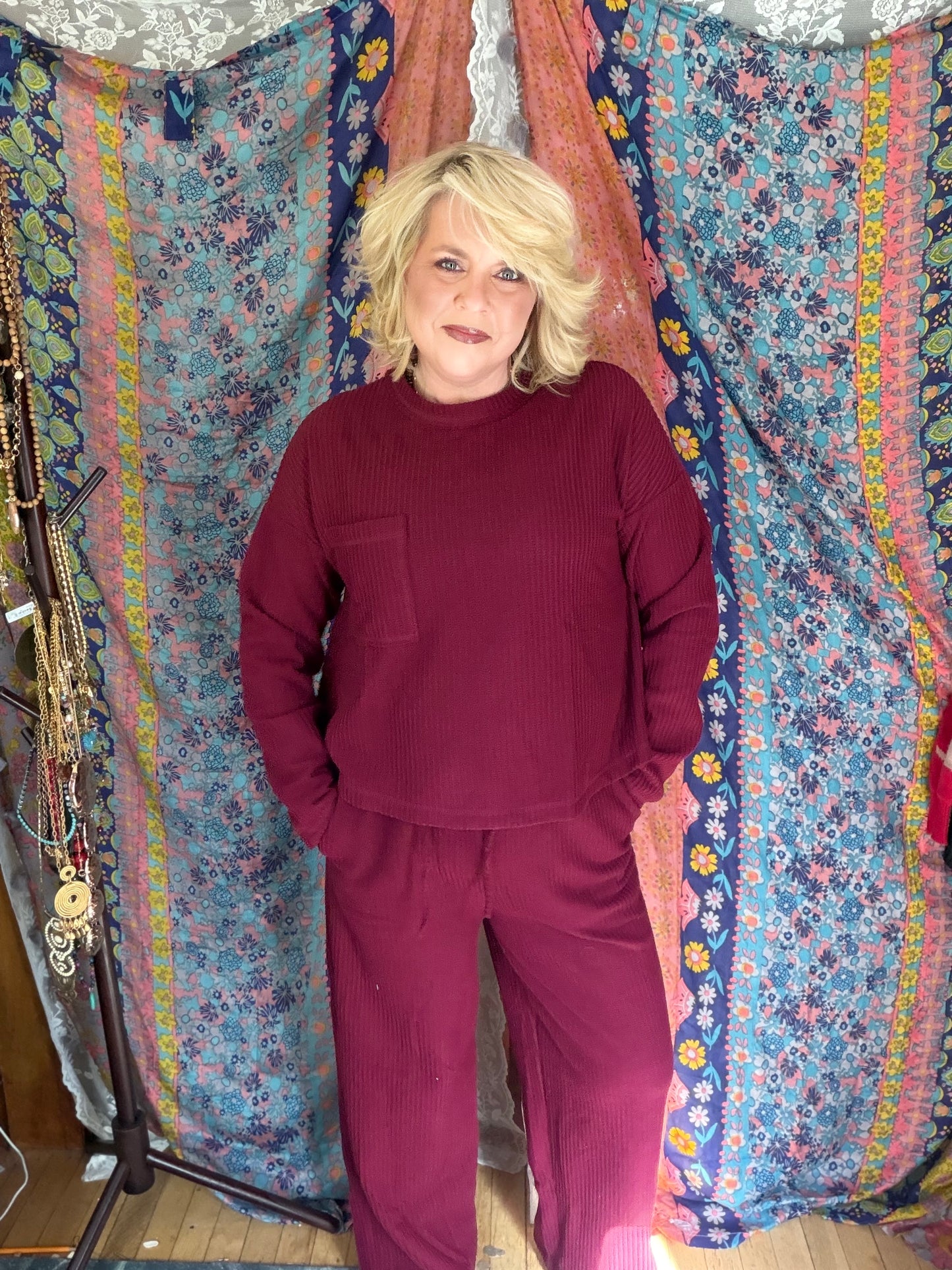 VERY J Cozy Waffle Long Sleeve Lounge Set