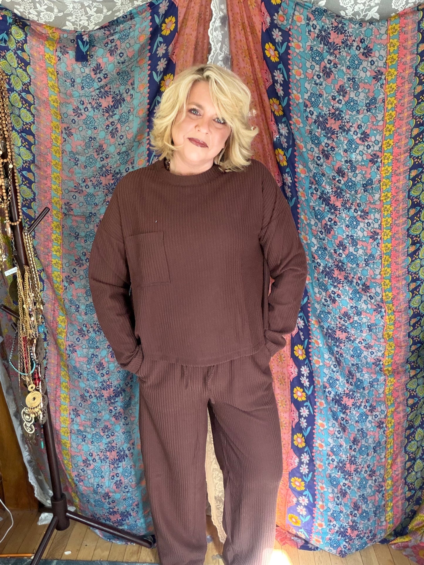 VERY J Cozy Waffle Long Sleeve Lounge Set