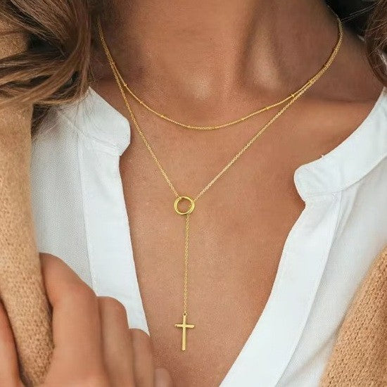 JOSSLYN 18k Stainless Steel Cross Y Necklace