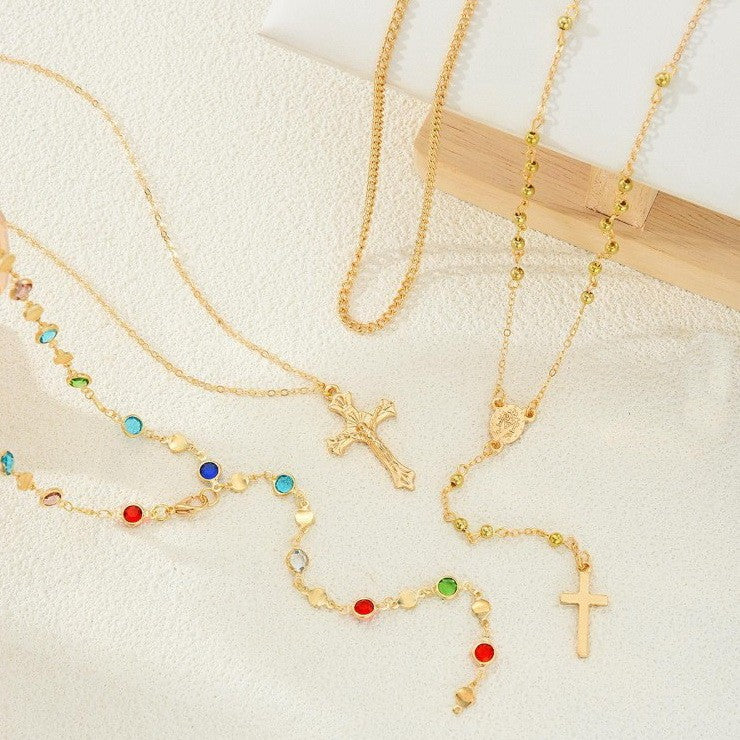 JOSSLYN Boho Y Multi Stone Cross Lariat Layer Necklace