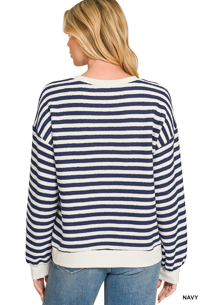 ZENANA Striped Rib Banded Pullover