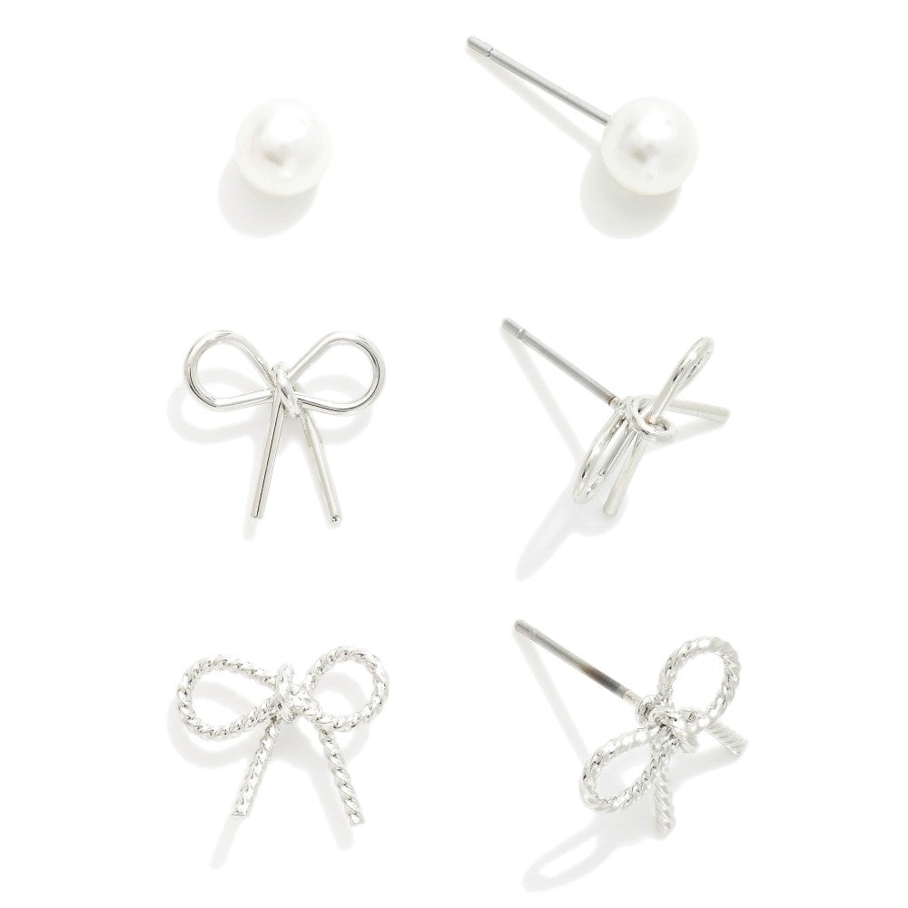 JUDSON Set of Three Bows and Pearl Earrings