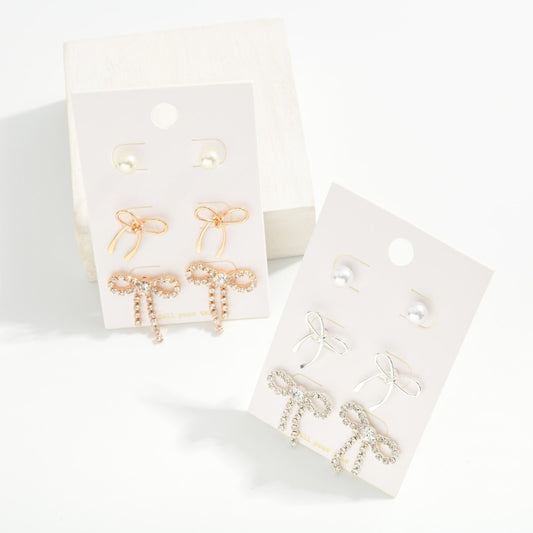 JUDSON Set of Three Bows and Pearl Earrings