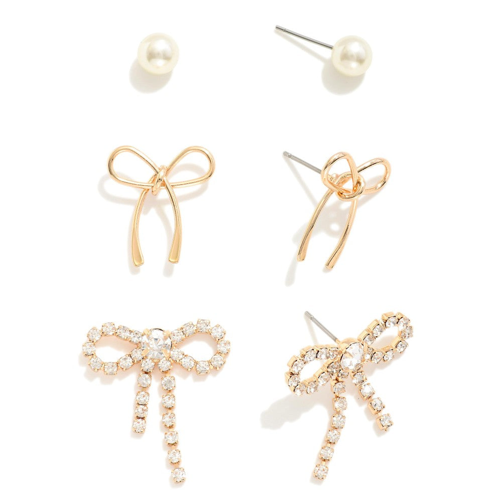 JUDSON Set of Three Bows and Pearl Earrings