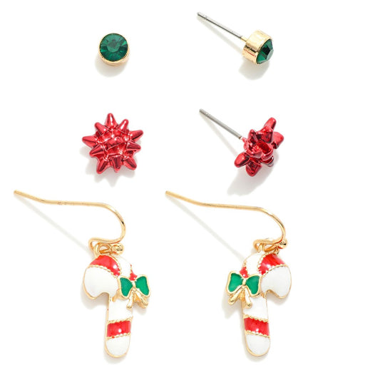 JUDSON Set Of Three Christmas Candy Cane Earrings
