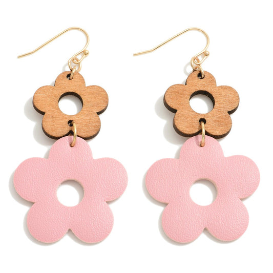 JUDSON Wood And Leather Flower Drop Earrings