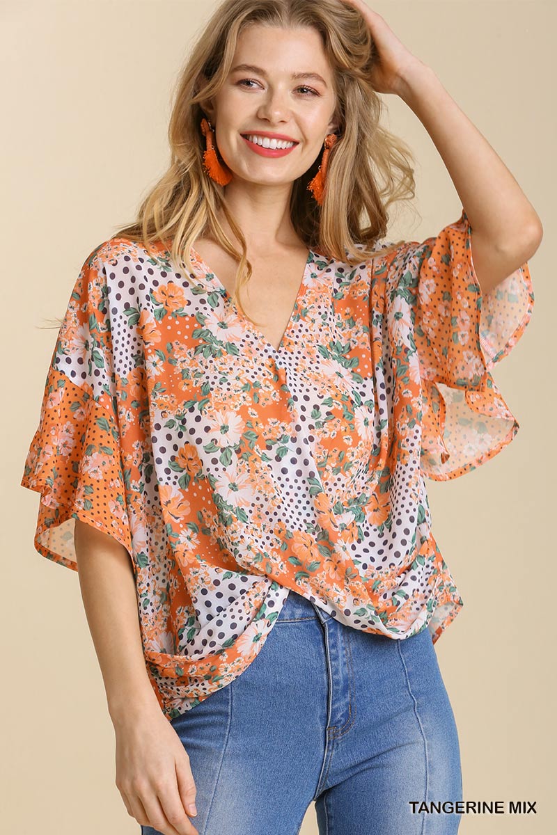 UMGEE Mixed Print Short Ruffle Dolman Sleeve V-Neck Top