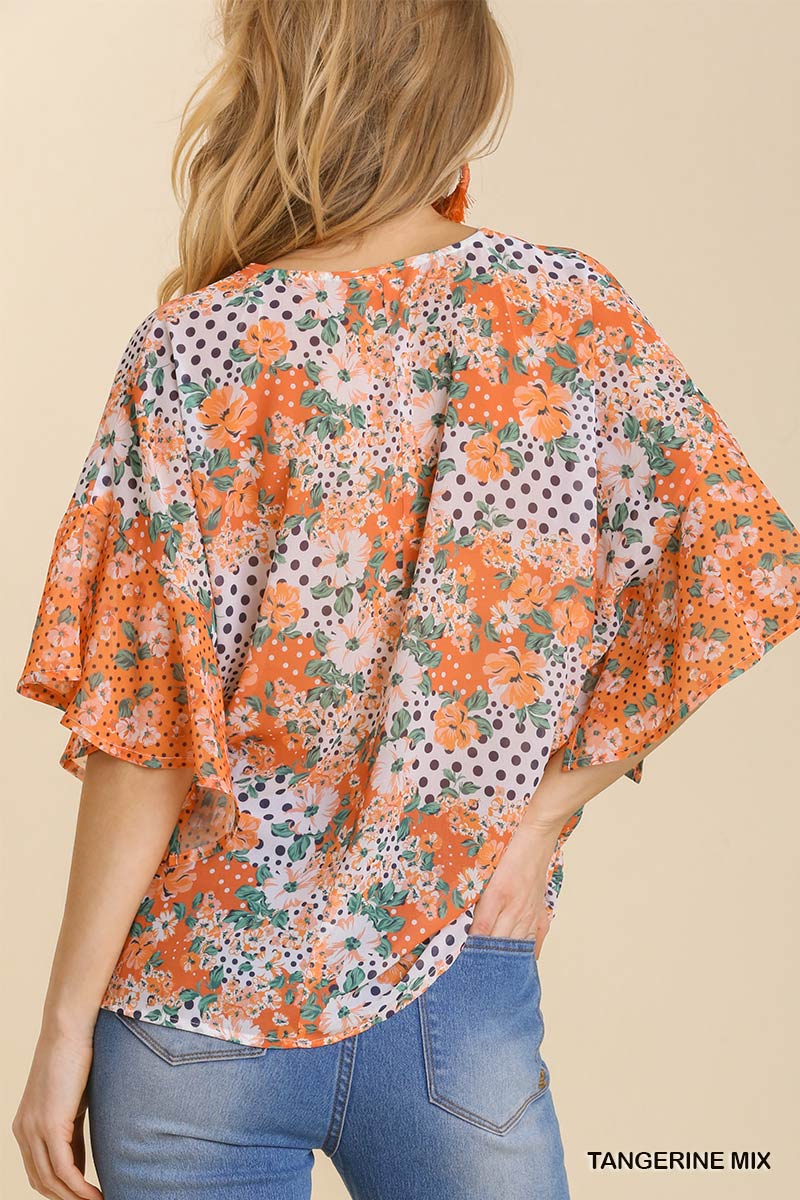 UMGEE Mixed Print Short Ruffle Dolman Sleeve V-Neck Top