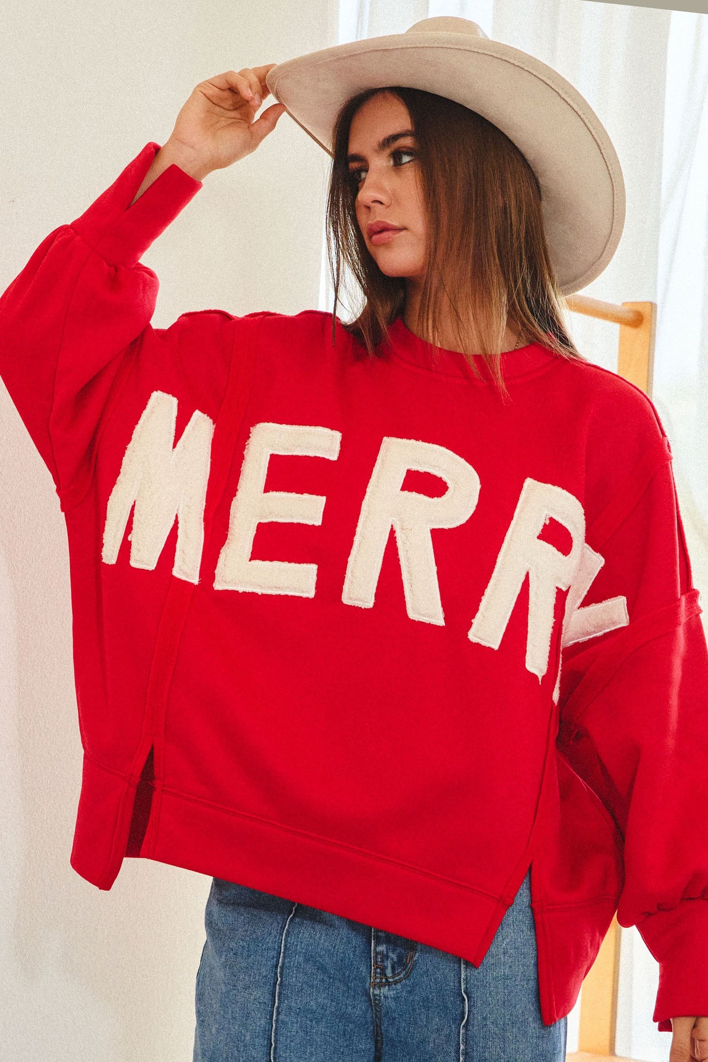 LOVLOV Merry Letter Patches French Terry Sweatshirt