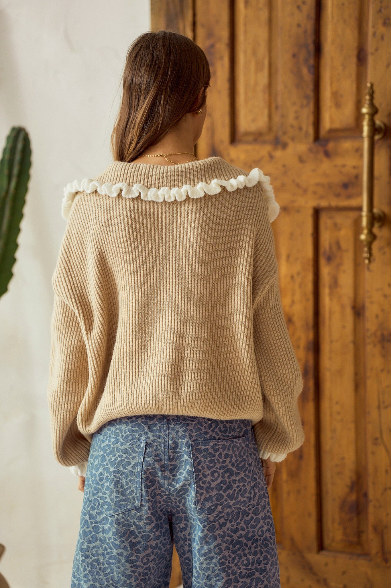LOVLOV Ruffled Shoulder Button Down Cardigan