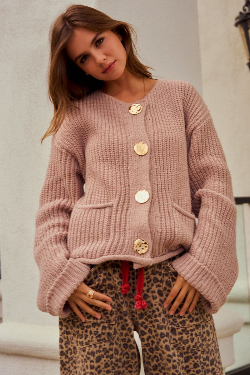 LOVLOV Luxe Vintage Gold Button Front Pocket Cardigan