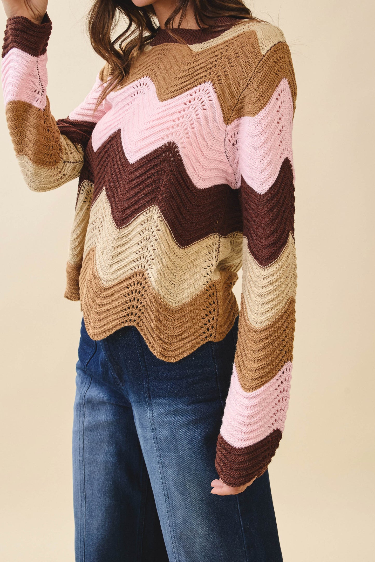 LOVLOV Loose Fit Knitted Wave Pattern Sweater