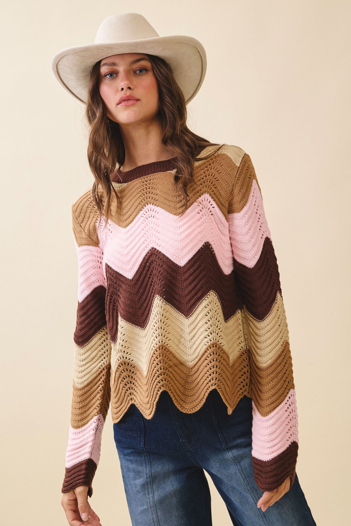 LOVLOV Loose Fit Knitted Wave Pattern Sweater