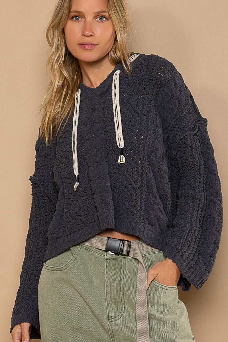 POL V-Neck Hooded Cable Knit Chenille Sweater