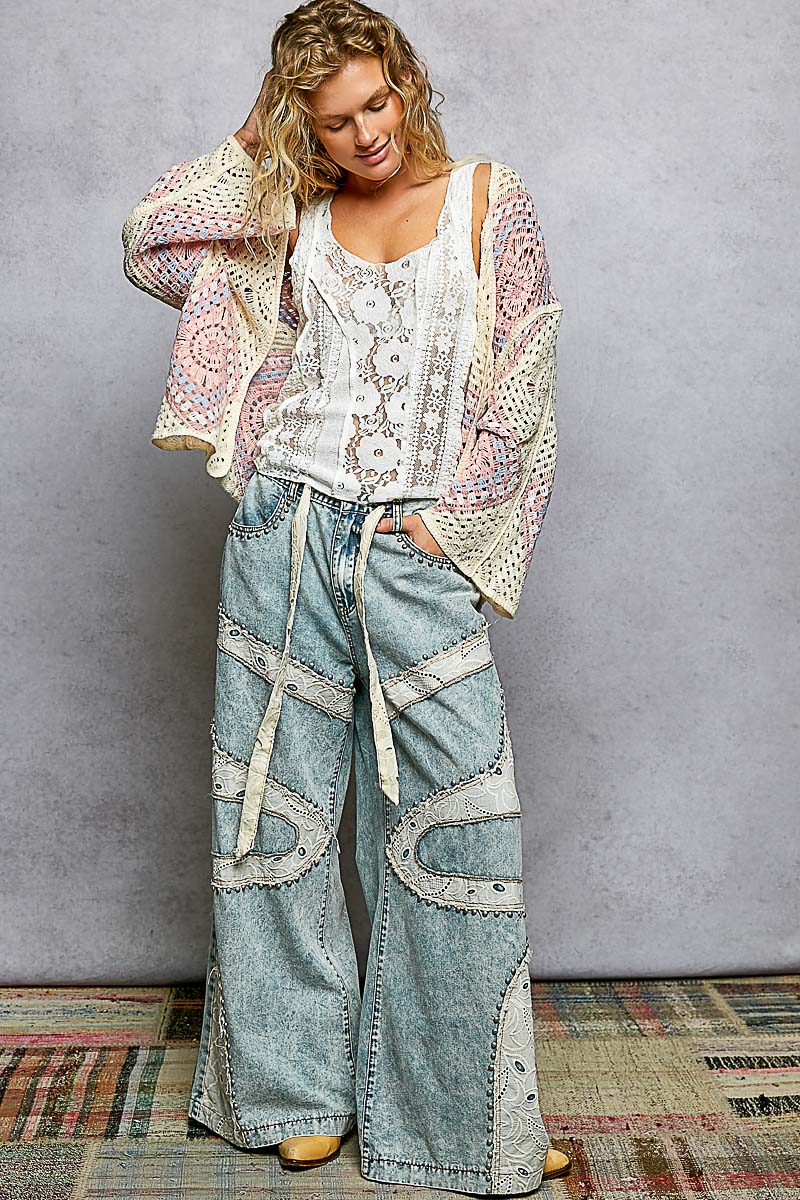 POL Granny Square Crochet Open Cardigan