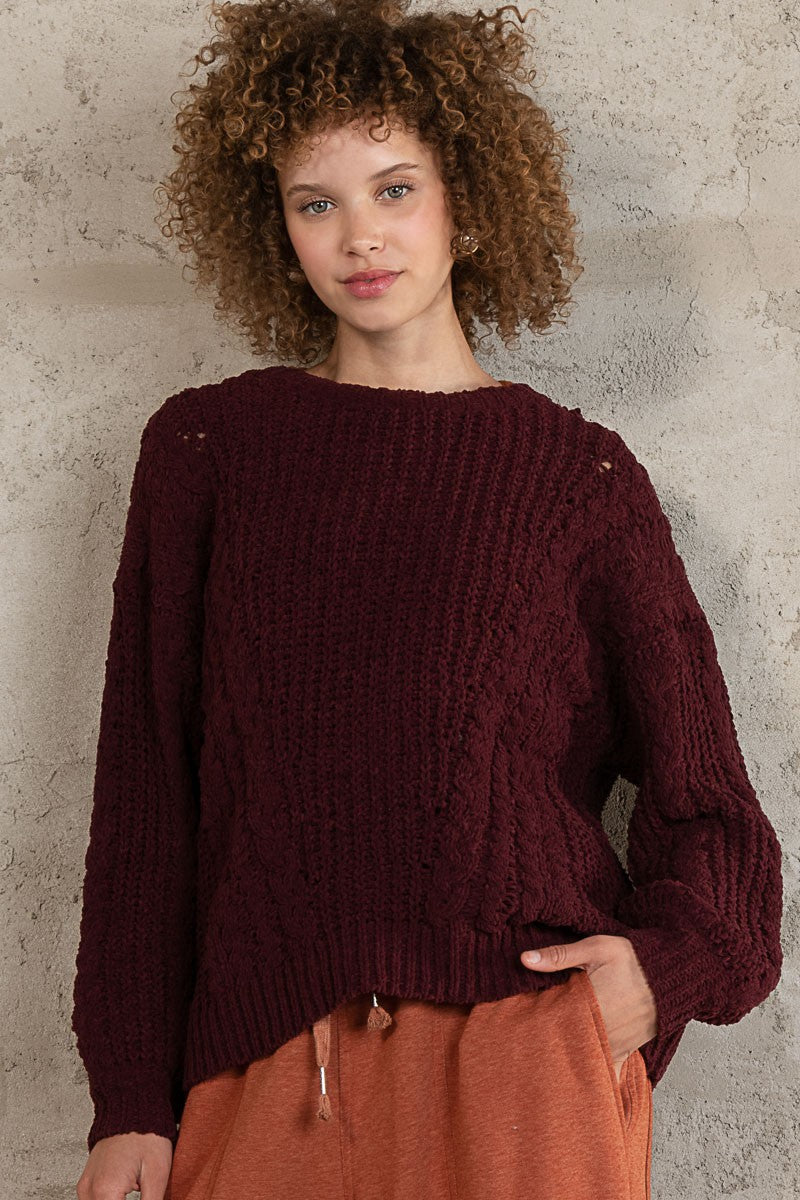 POL Oversized Cable Knit Round Neck Sweater