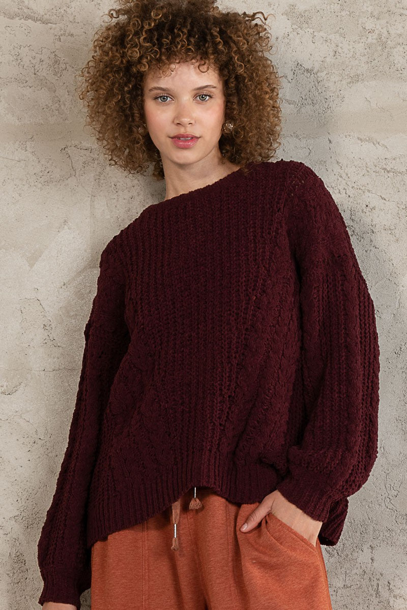 POL Oversized Cable Knit Round Neck Sweater