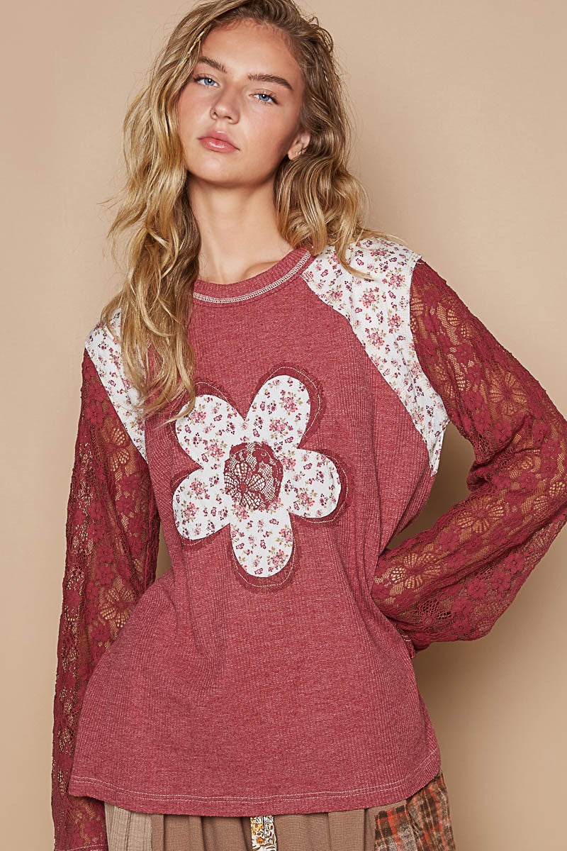 POL Full Sleeve Thermal Lace Knit Top