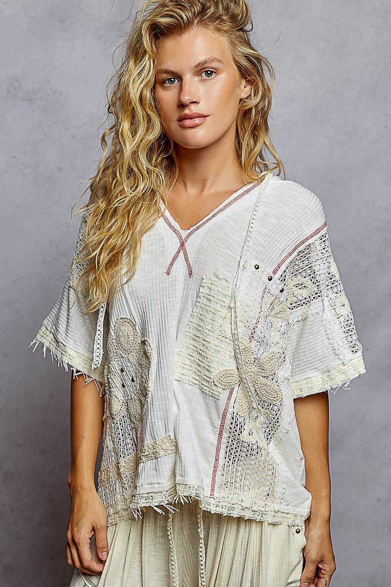 POL V-Neck Short Sleeve Crochet Top