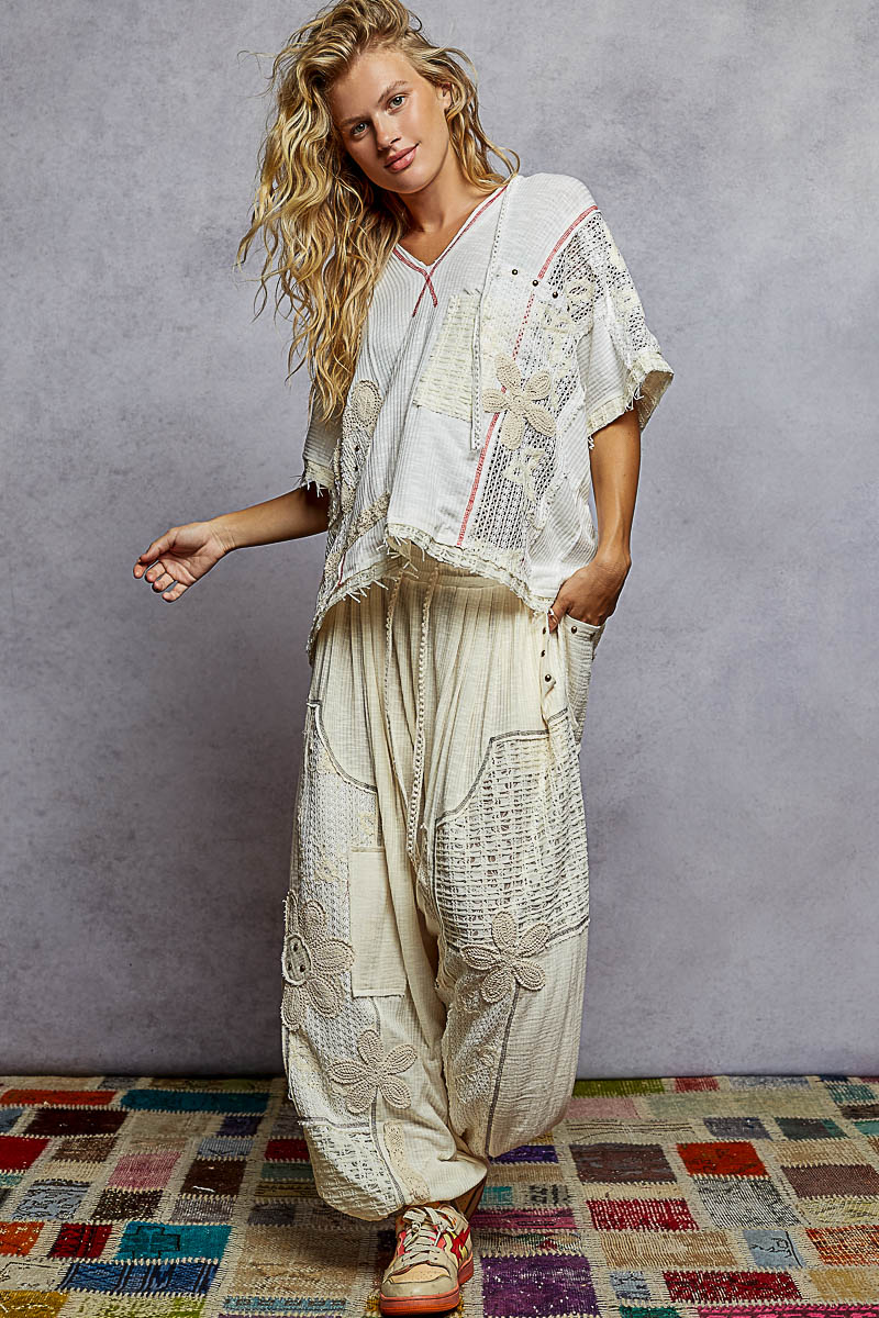 POL V-Neck Short Sleeve Crochet Top