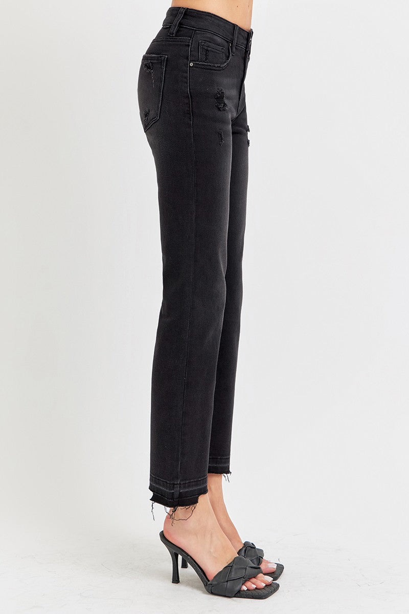 RISEN Mid Rise Ankle Straight Uneven Released Hem Black Jeans