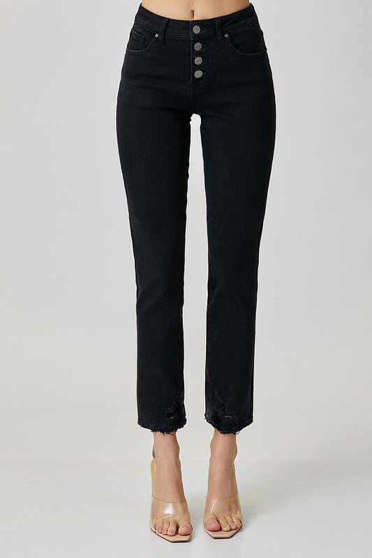 RISEN Mid-Rise Button Fly Slim Straight Black Jeans