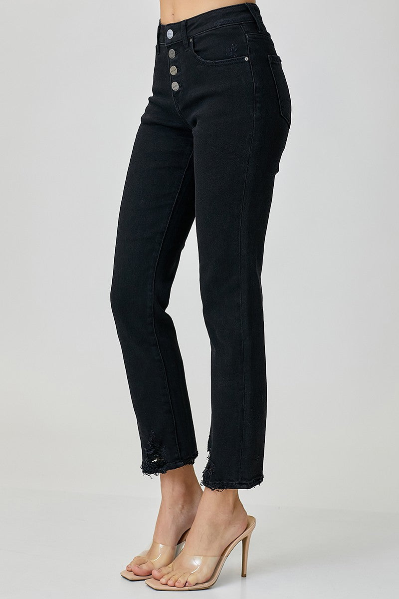 RISEN Mid-Rise Button Fly Slim Straight Black Jeans