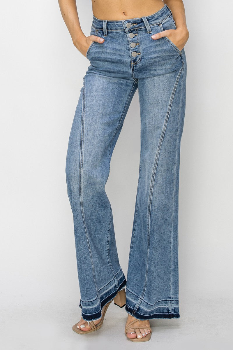 RISEN High Rise Button Down Front Seam Detail Wide Jeans