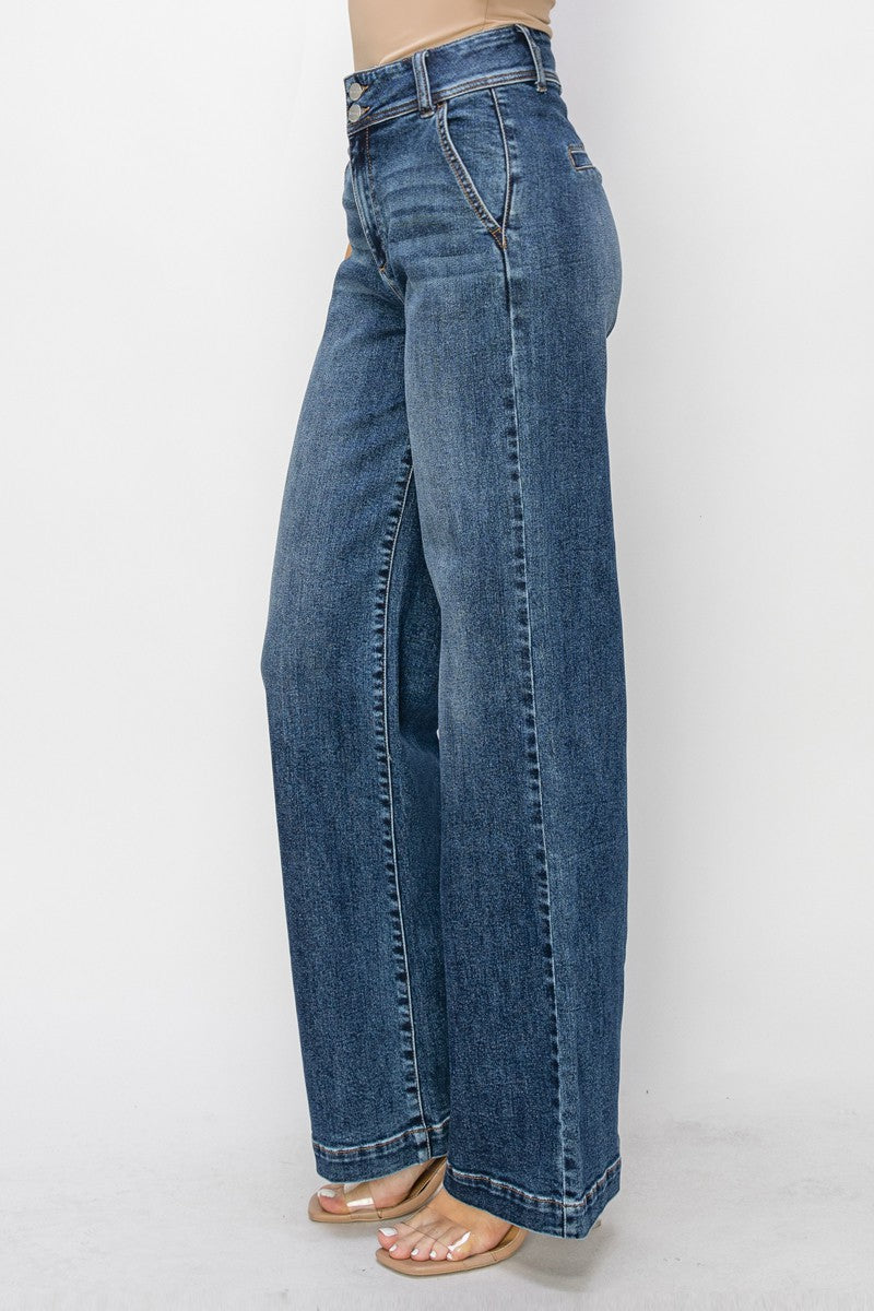 RISEN Plus Size High Rise Double Button Wide Jeans