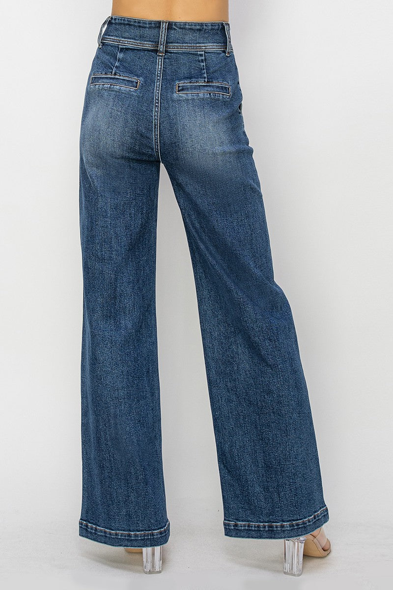 RISEN Plus Size High Rise Double Button Wide Jeans