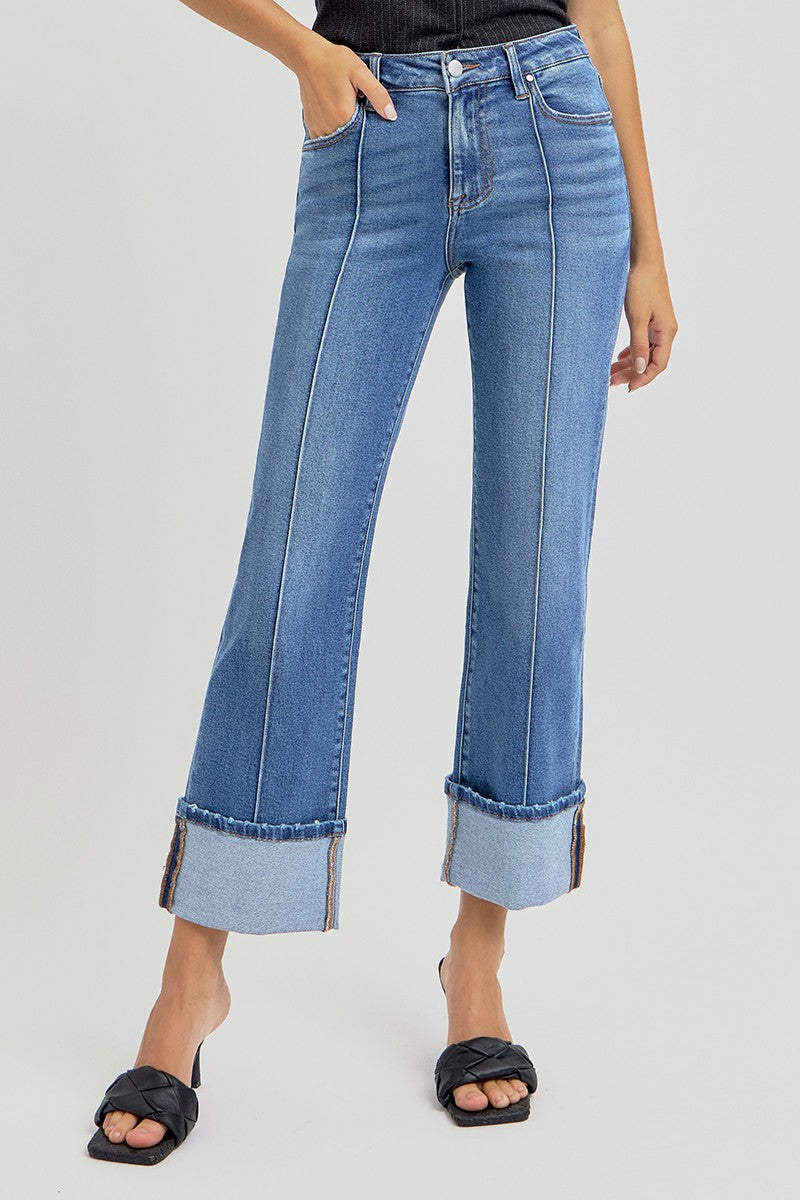RISEN High Rise Front Seam Ankle Straight Wide Cuffed Jeans
