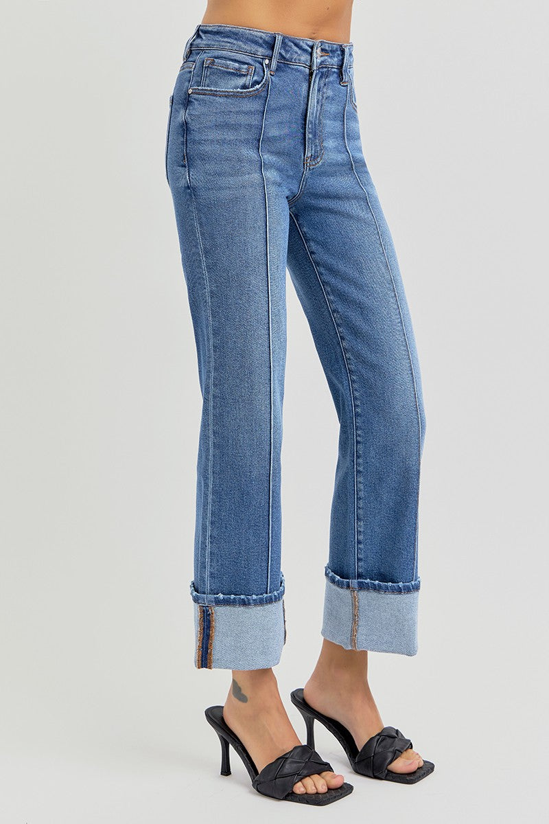 RISEN High Rise Front Seam Ankle Straight Wide Cuffed Jeans