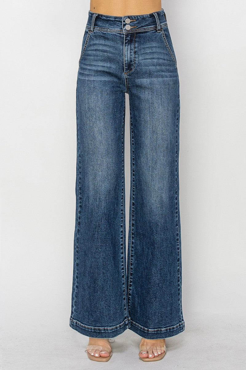 RISEN Plus Size High Rise Double Button Wide Jeans