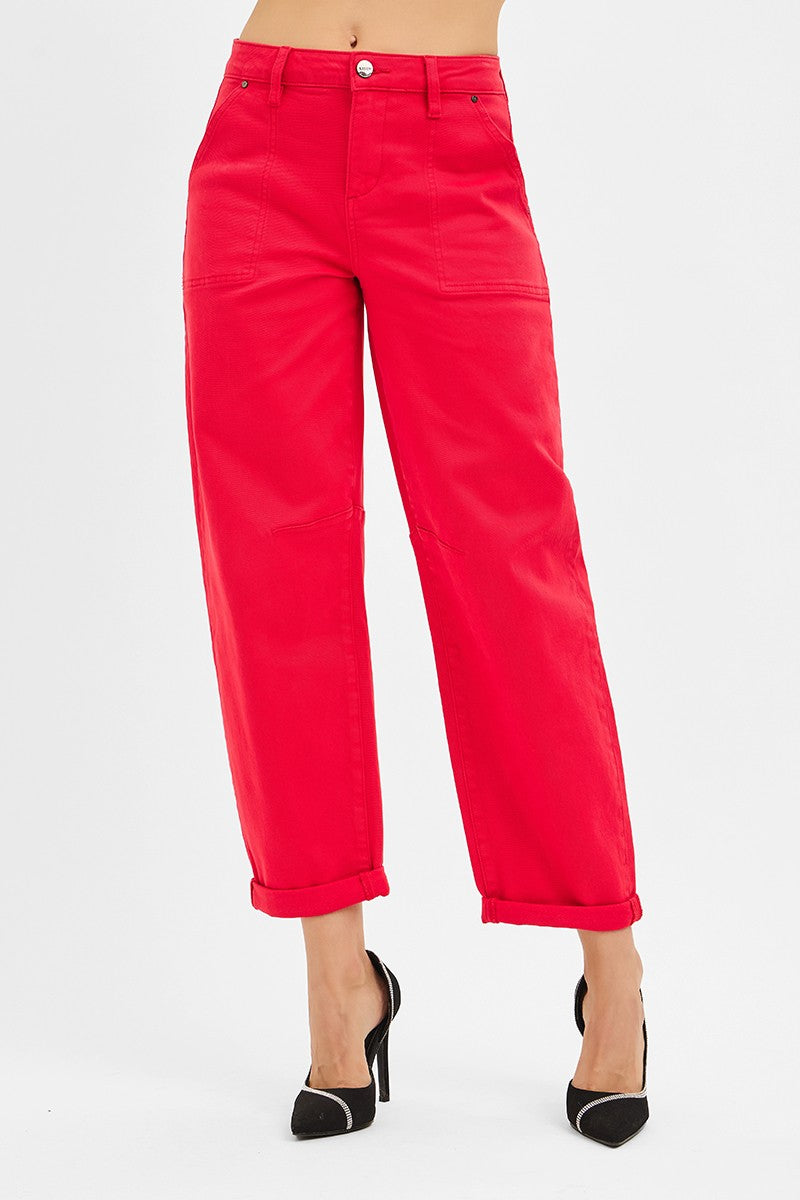RISEN Red High Rise Ankle Cuffed Barrel Jeans