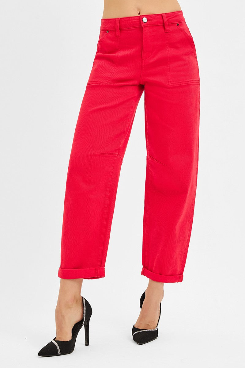 RISEN Red High Rise Ankle Cuffed Barrel Jeans