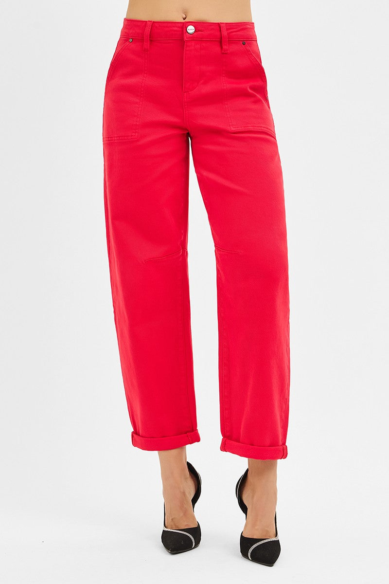 RISEN Red High Rise Ankle Cuffed Barrel Jeans