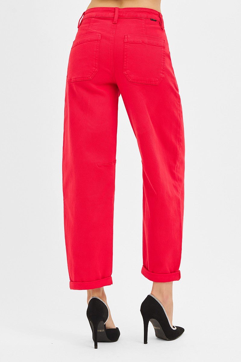 RISEN Red High Rise Ankle Cuffed Barrel Jeans