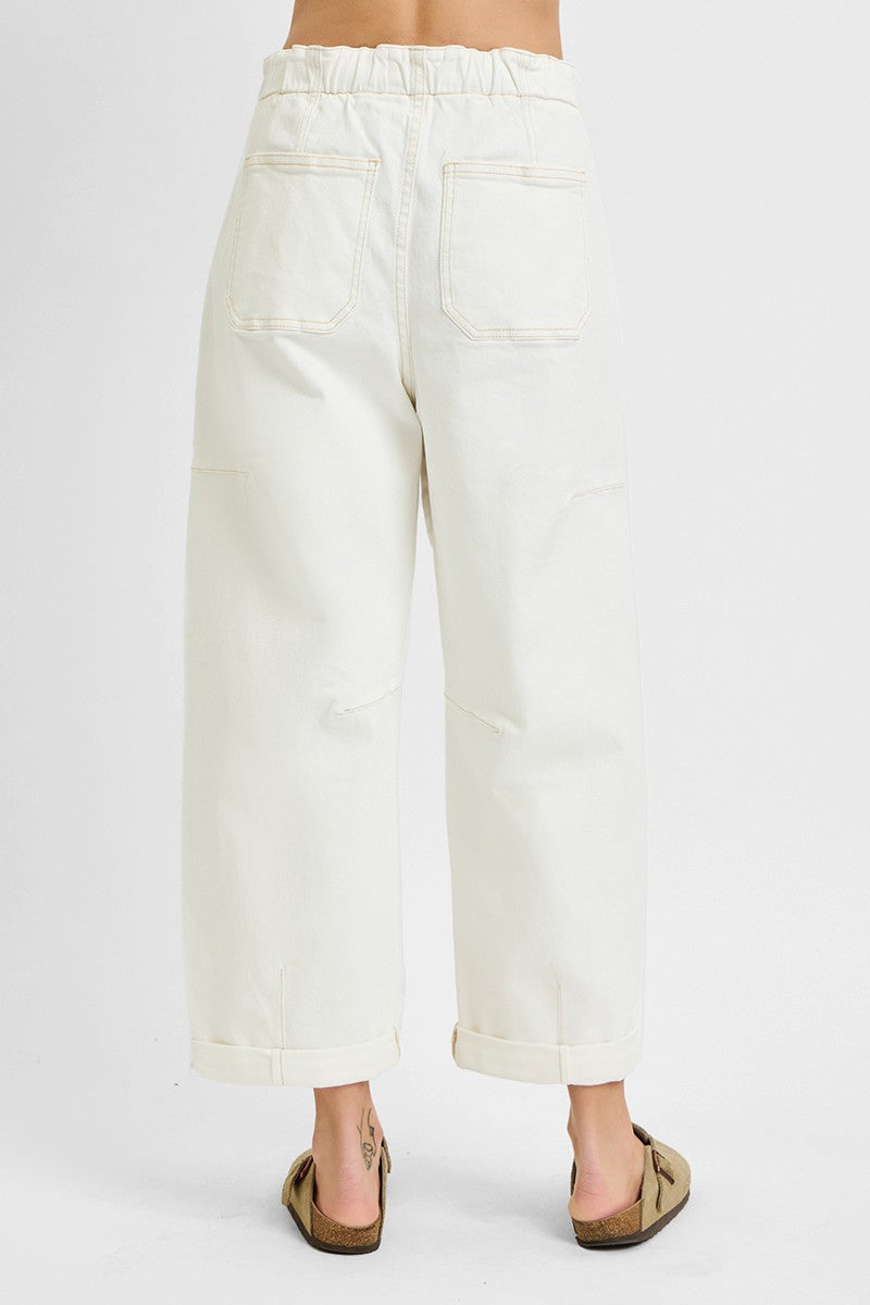 RISEN High Rise Crop Wide Barrel Cream Cargo Pants