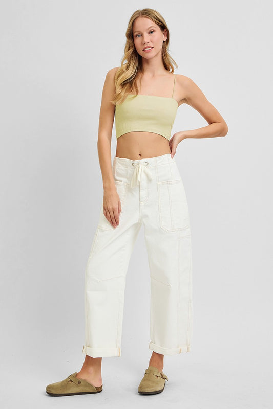 RISEN High Rise Crop Wide Barrel Cream Cargo Pants