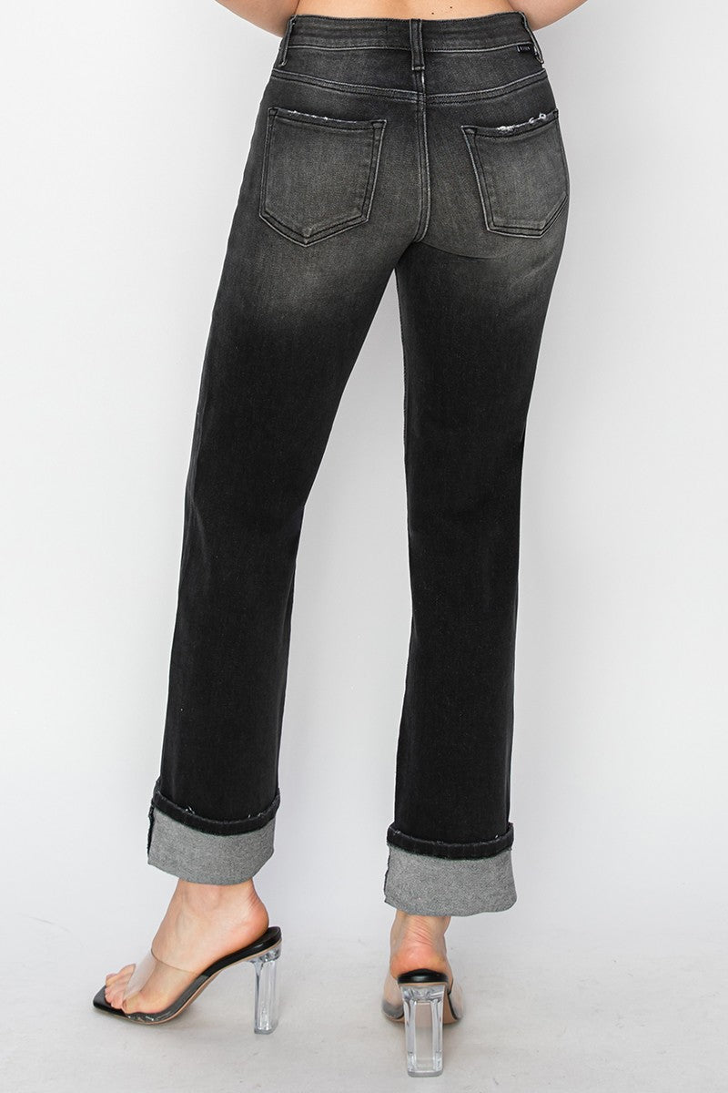 RISEN High Rise Straight Turn Up Cuff  Black Jeans