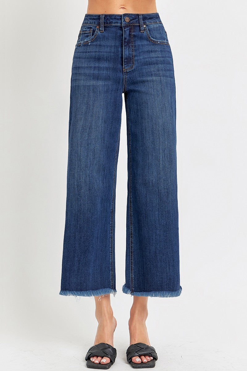 RISEN High Rise Crop Wide Leg Fray Hem Jeans