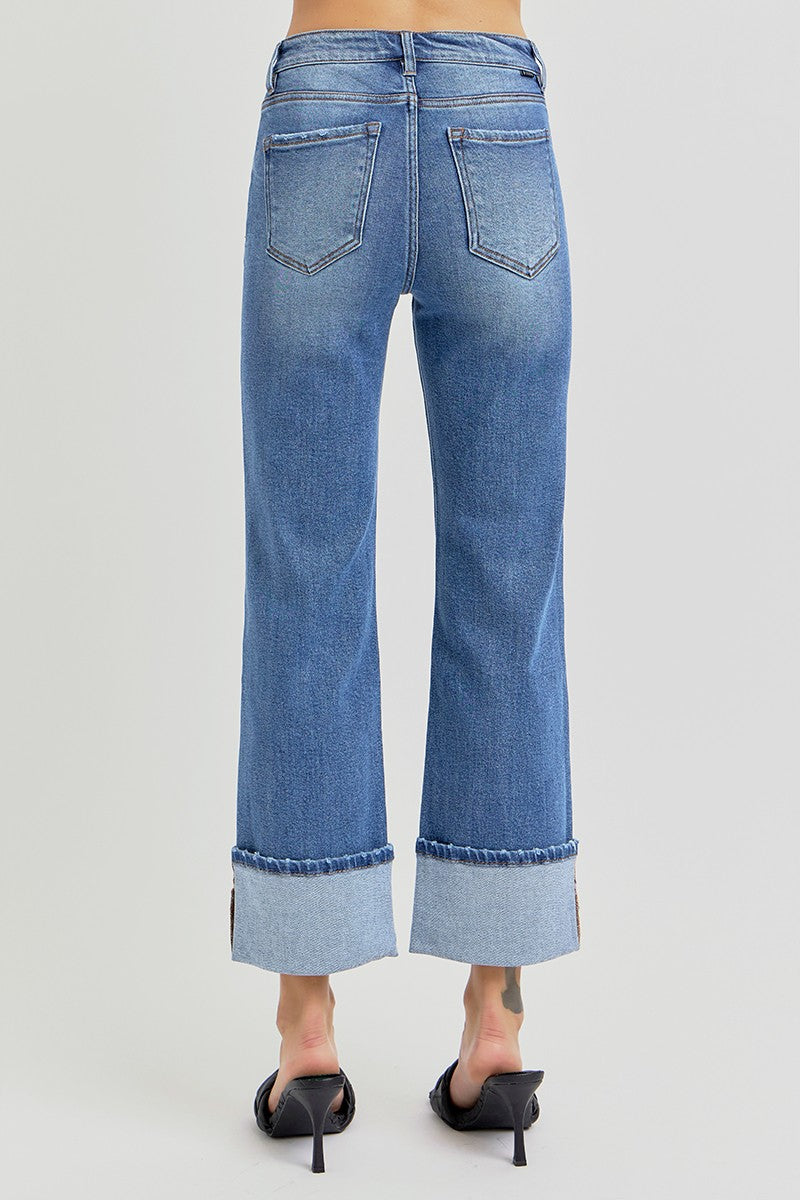 RISEN High Rise Front Seam Ankle Straight Wide Cuffed Jeans