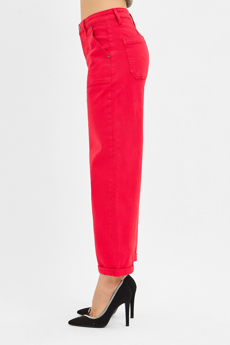 RISEN Red High Rise Ankle Cuffed Barrel Jeans