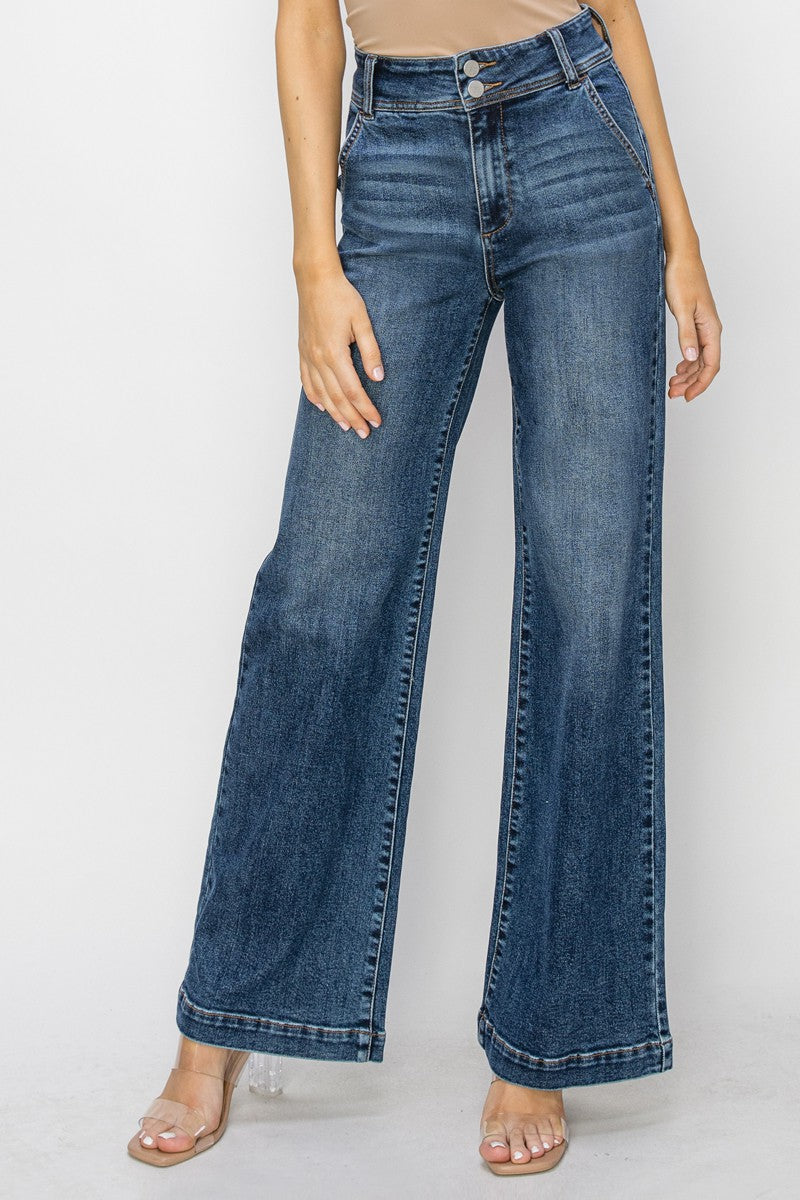 RISEN Plus Size High Rise Double Button Wide Jeans